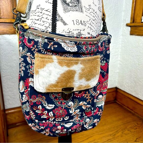 Myra | Red Blue Paisley Floral Canvas With Cow Hide Western Crossbody Purse - Picture 1 of 14